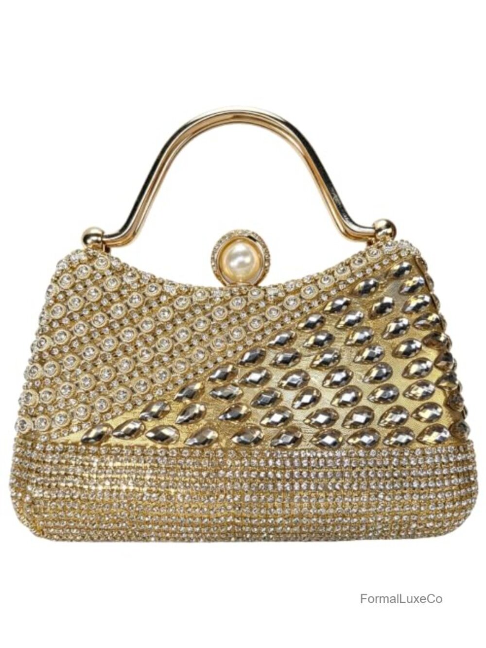 Fringe Rhinestone Evening Clutch with Gold Metal Handle Crossbody Chain